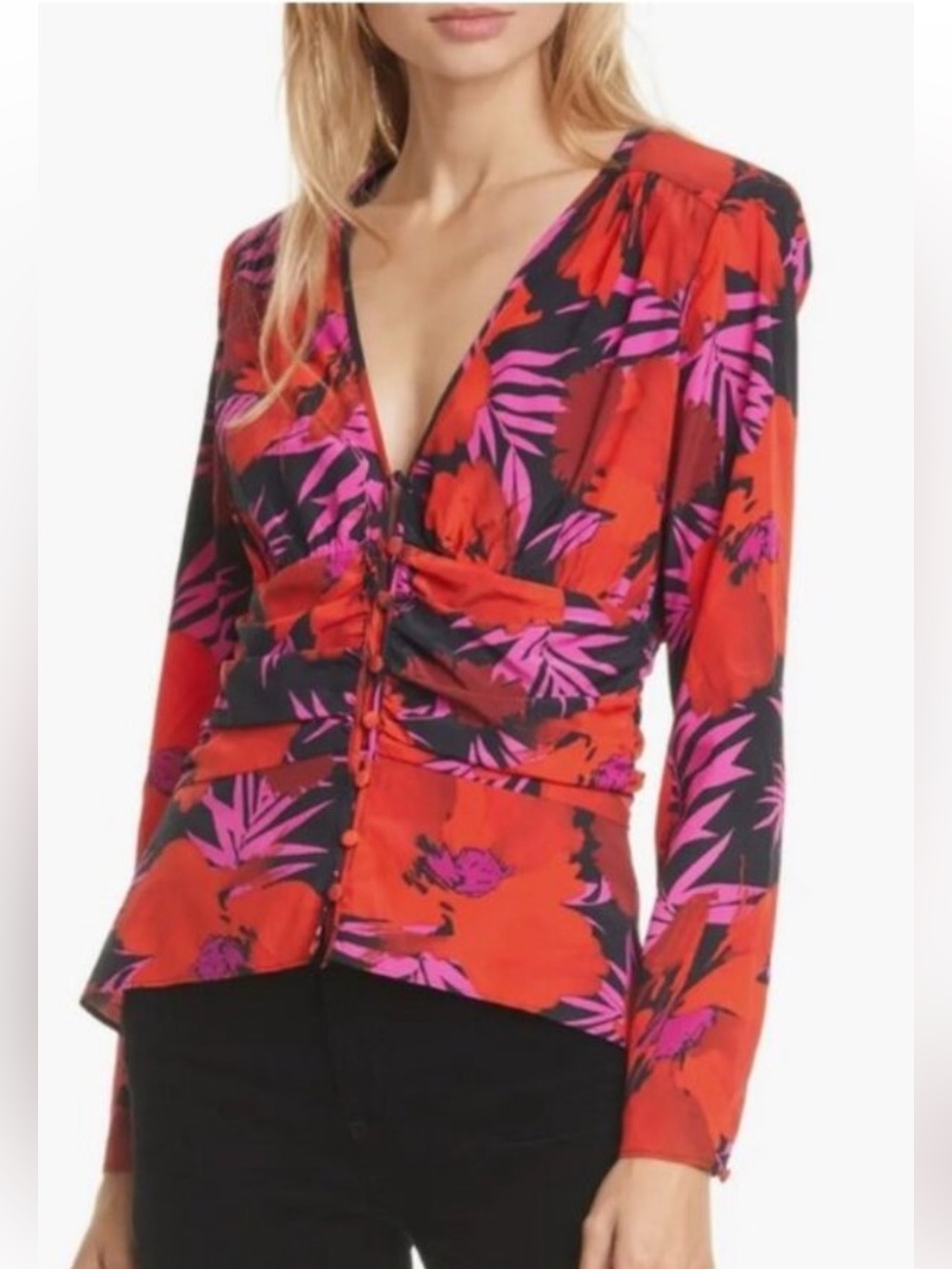 Veronica Beard Pevero Floral Stretch Silk Blouse Ruched Peplum Size 6 Red
